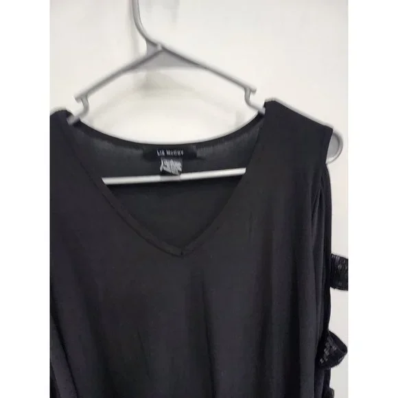 Liz McCoy Womens Top Size Large Black Sequined Cutout Sleeve Liquid Knit V-Neck - Picture 2 of 7
